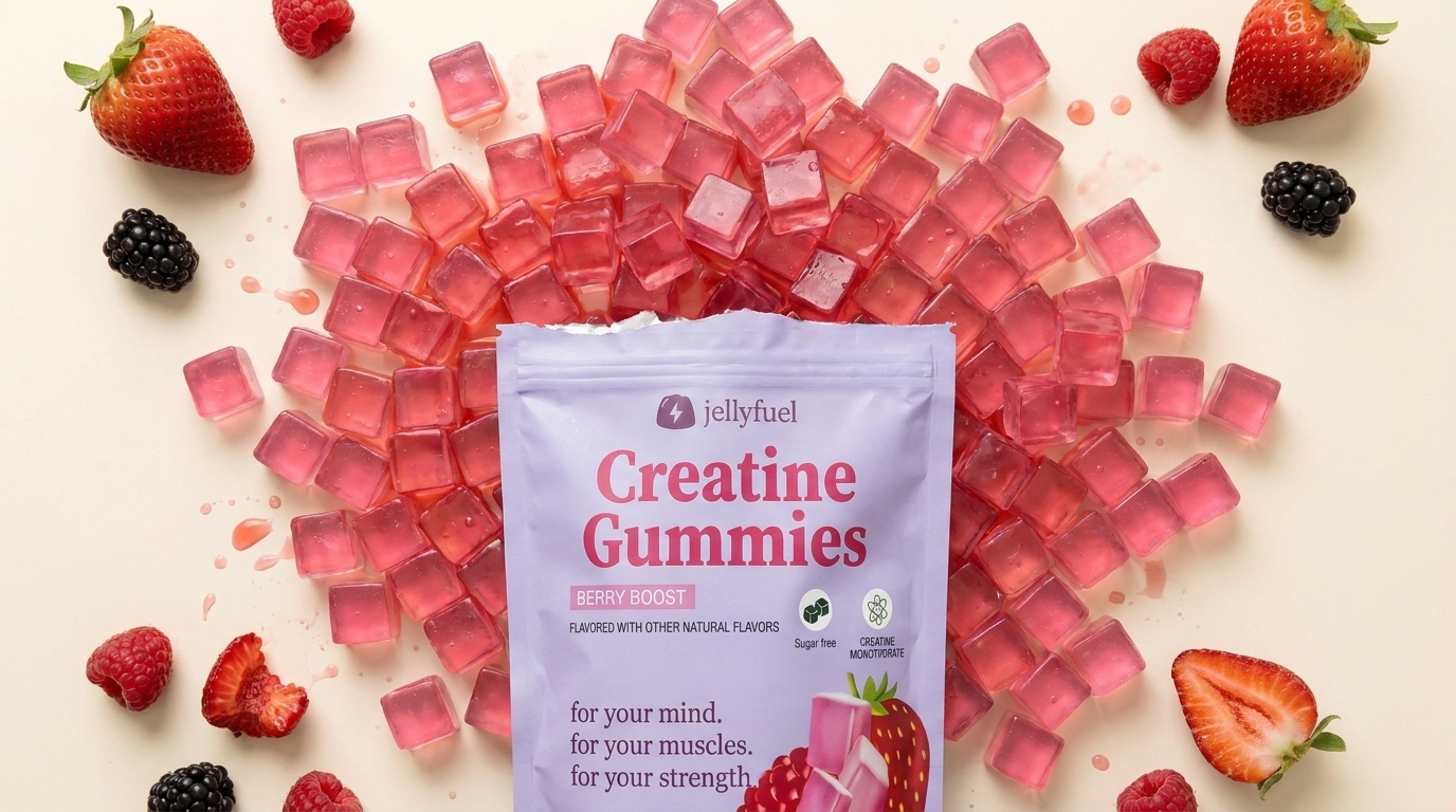 JellyFuel pouch torn open with pink jelly cube gummies spilling out