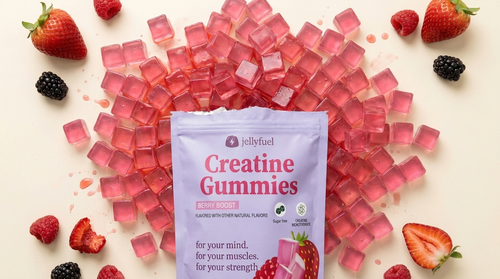 JellyFuel pouch torn open with pink jelly cube gummies spilling out