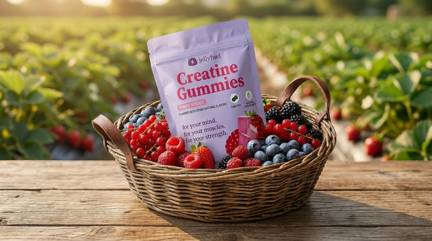 JellyFuel pouch in a basket of berries at a strawberry farm