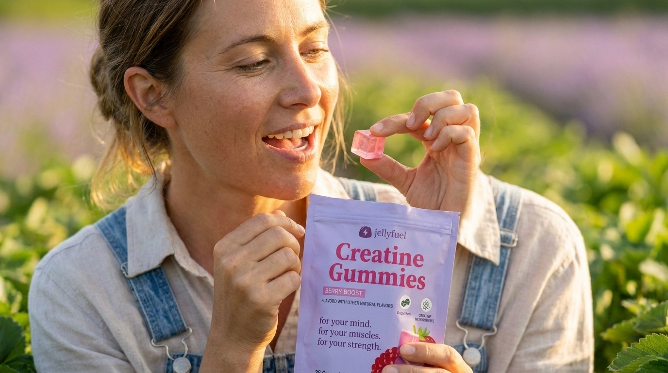 Woman in a strawberry field holding a JellyFuel gummy